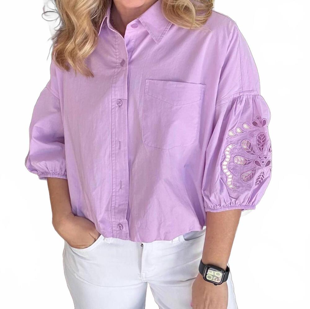 NEW MERCI cut out embroidered bubble sleeve top in lilac
